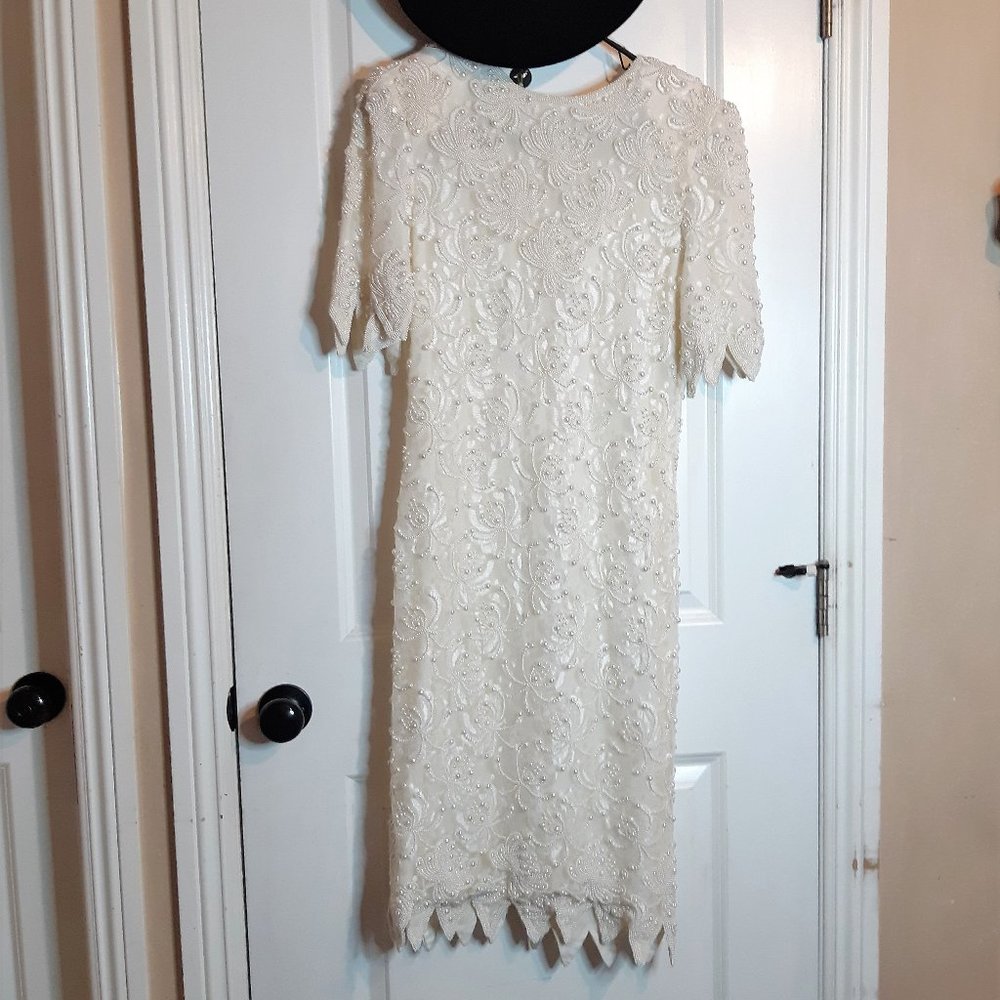 Vintage Carina White Beaded Dress- 80s Embellished retro Evening Party Dress EUC